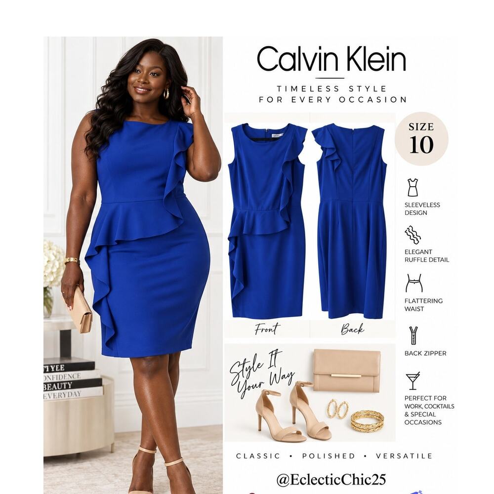 Calvin Klein Royal Blue Ruffle Sheath Dress Size 10